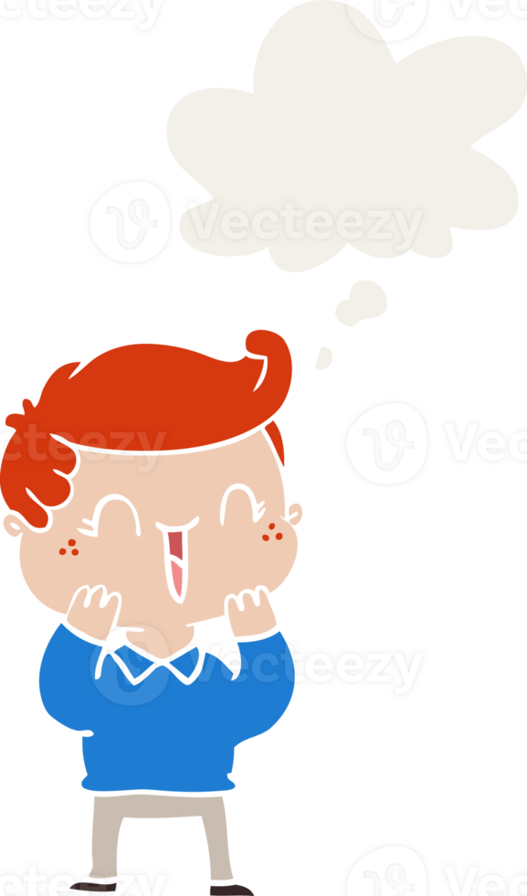 cartoon laughing boy with thought bubble in retro style png