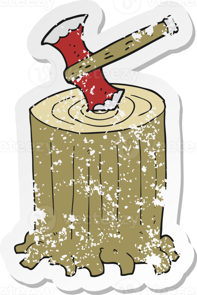 retro distressed sticker of a cartoon tree stump and axe png