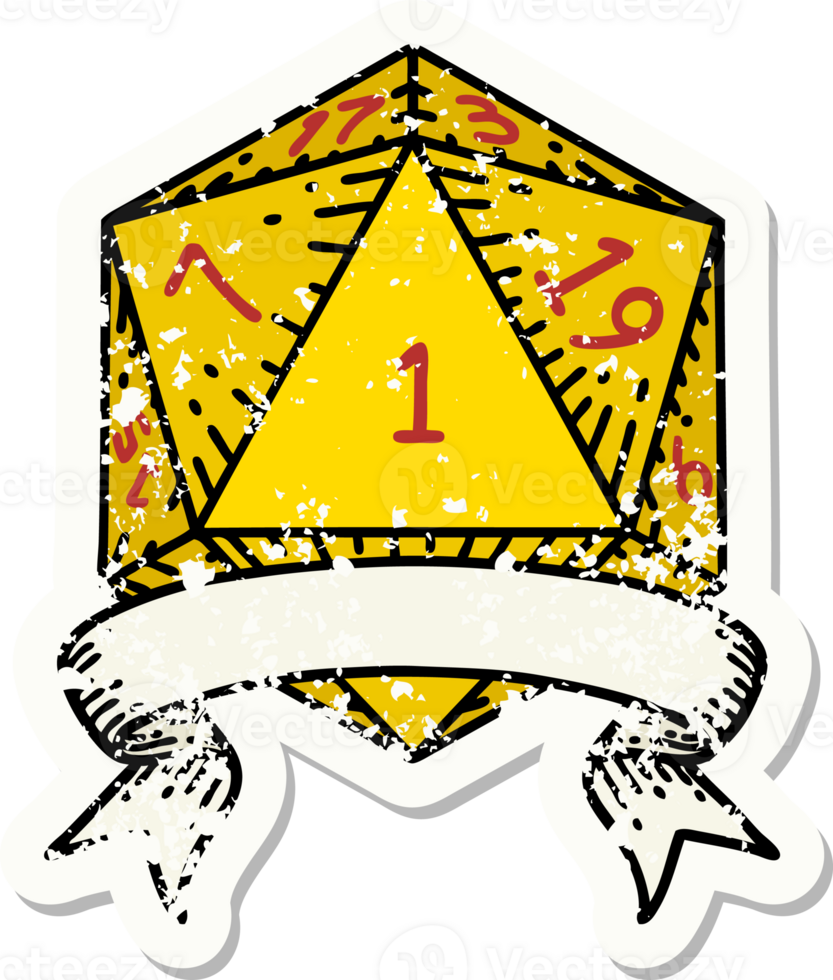 grunge sticker of a natural one d20 dice roll png