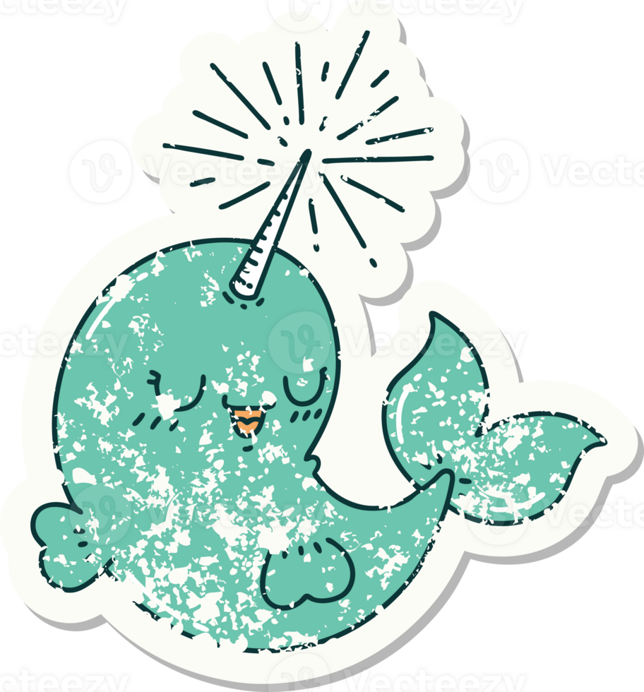 worn old sticker of a tattoo style happy narwhal png
