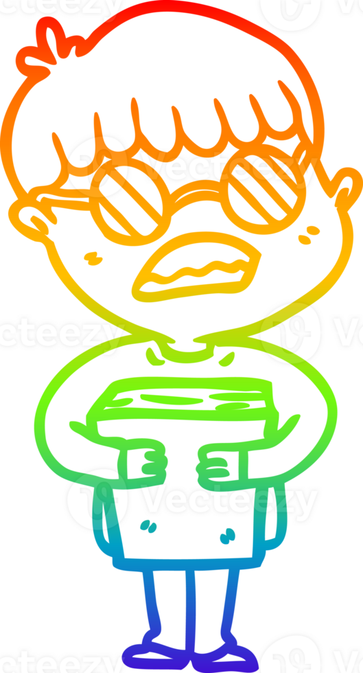 rainbow gradient line drawing of a cartoon boy hugging book wearing spectacles png