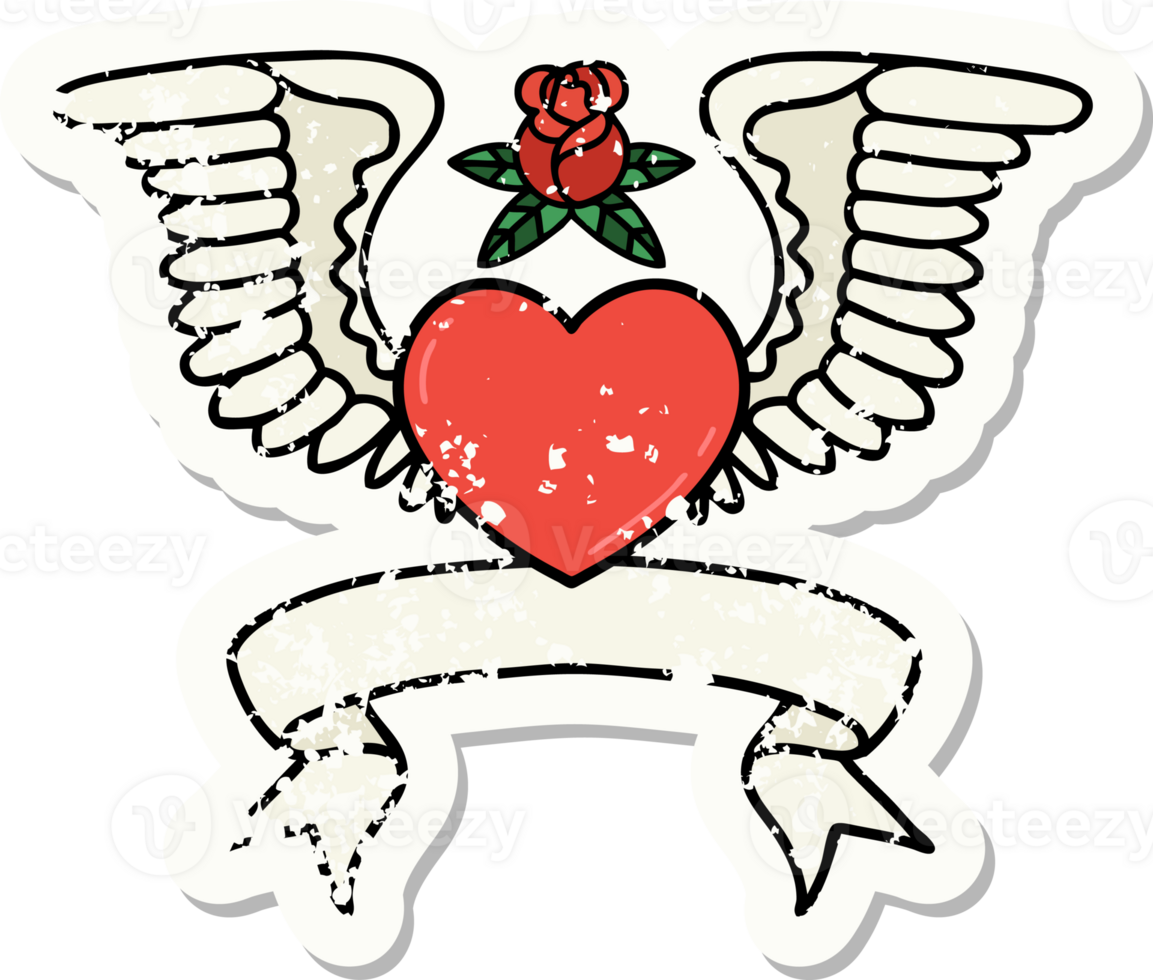 worn old sticker with banner of a heart with wings png