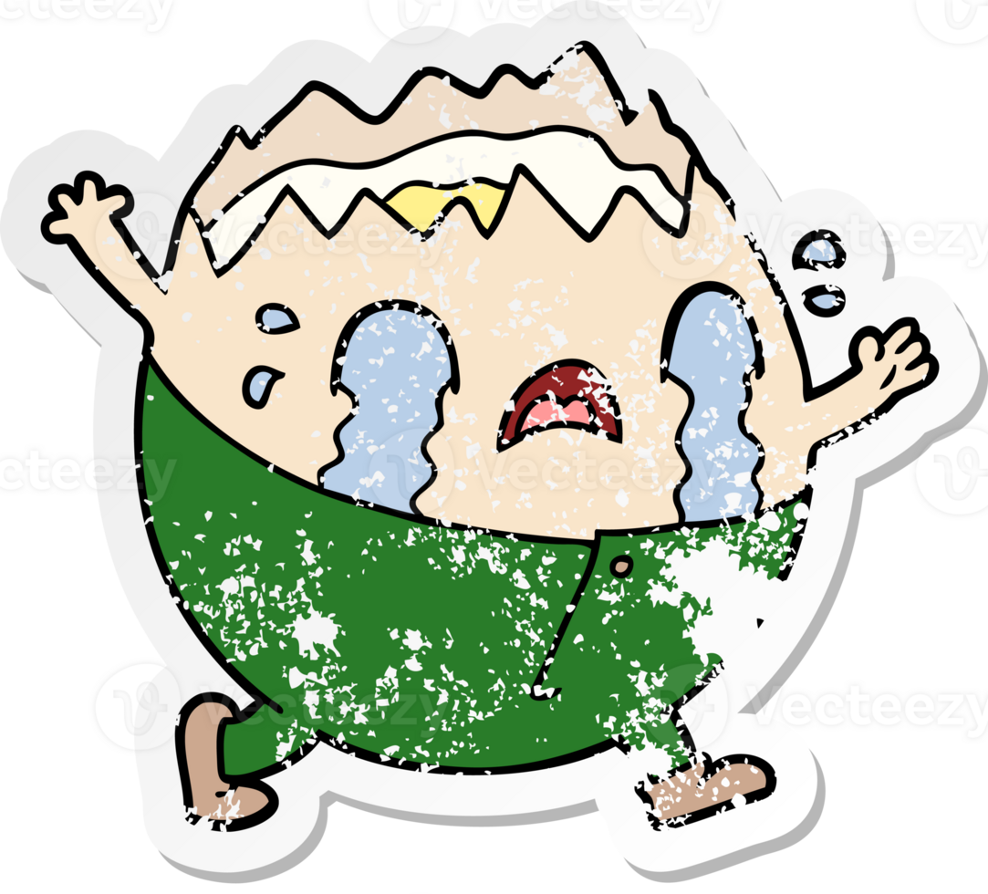 distressed sticker of a humpty dumpty cartoon egg man crying png