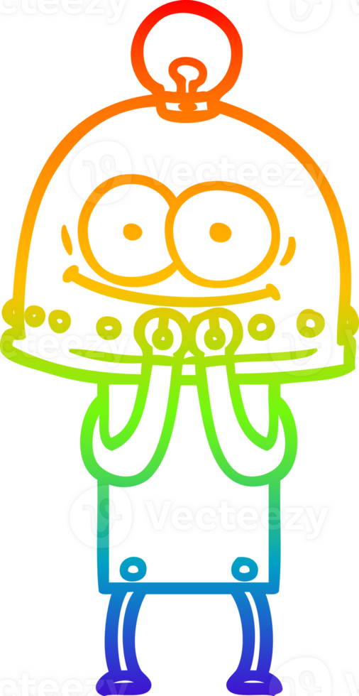 rainbow gradient line drawing of a happy carton robot with light bulb png