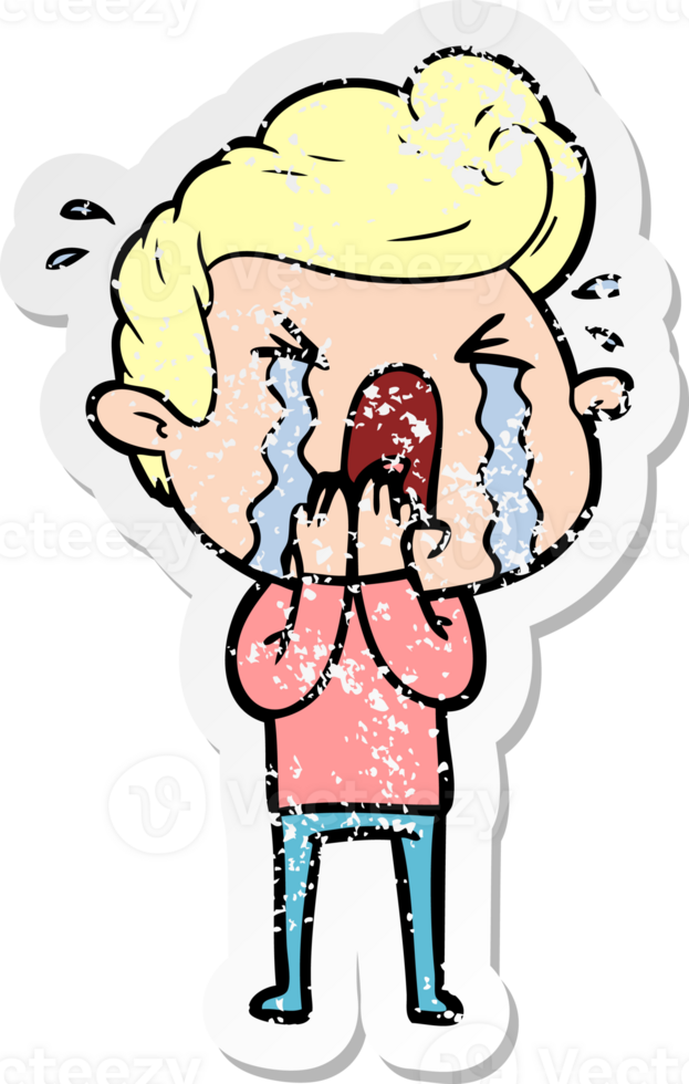 distressed sticker of a cartoon crying man png
