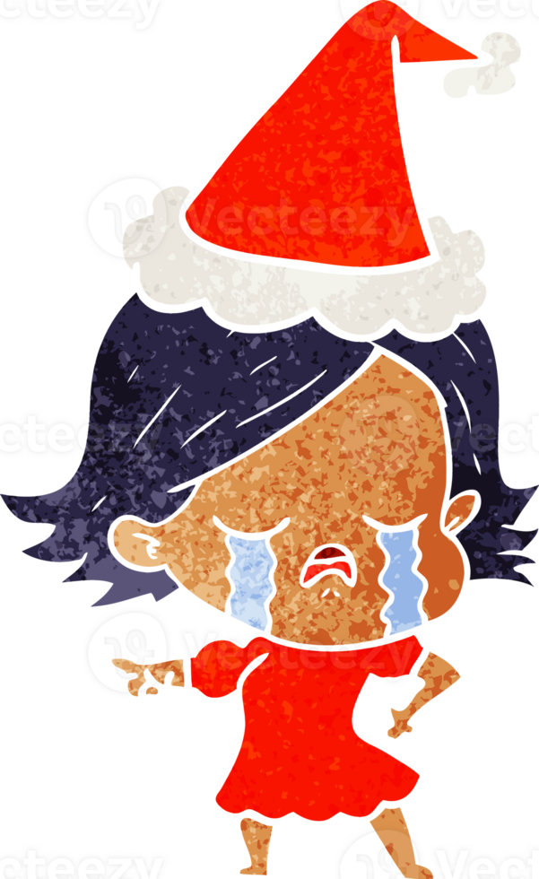 hand drawn retro cartoon of a girl crying and pointing wearing santa hat png