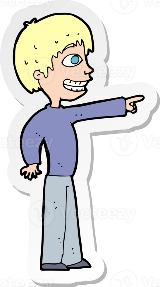 sticker of a cartoon grinning boy pointing png