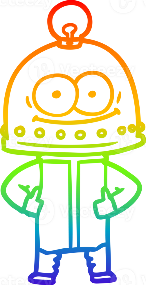 rainbow gradient line drawing of a happy carton robot with light bulb png