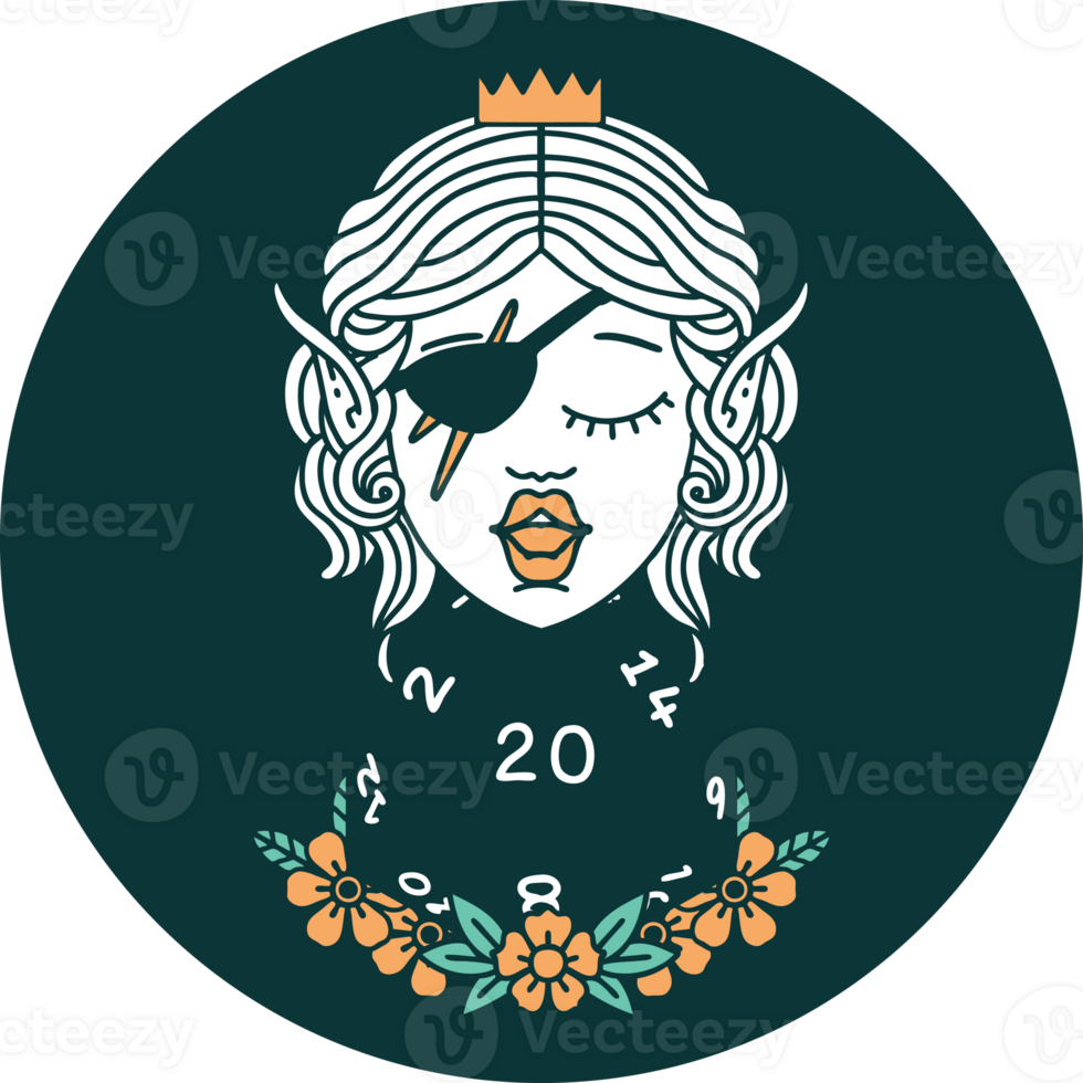 icon of elf rogue character with natural twenty dice roll png