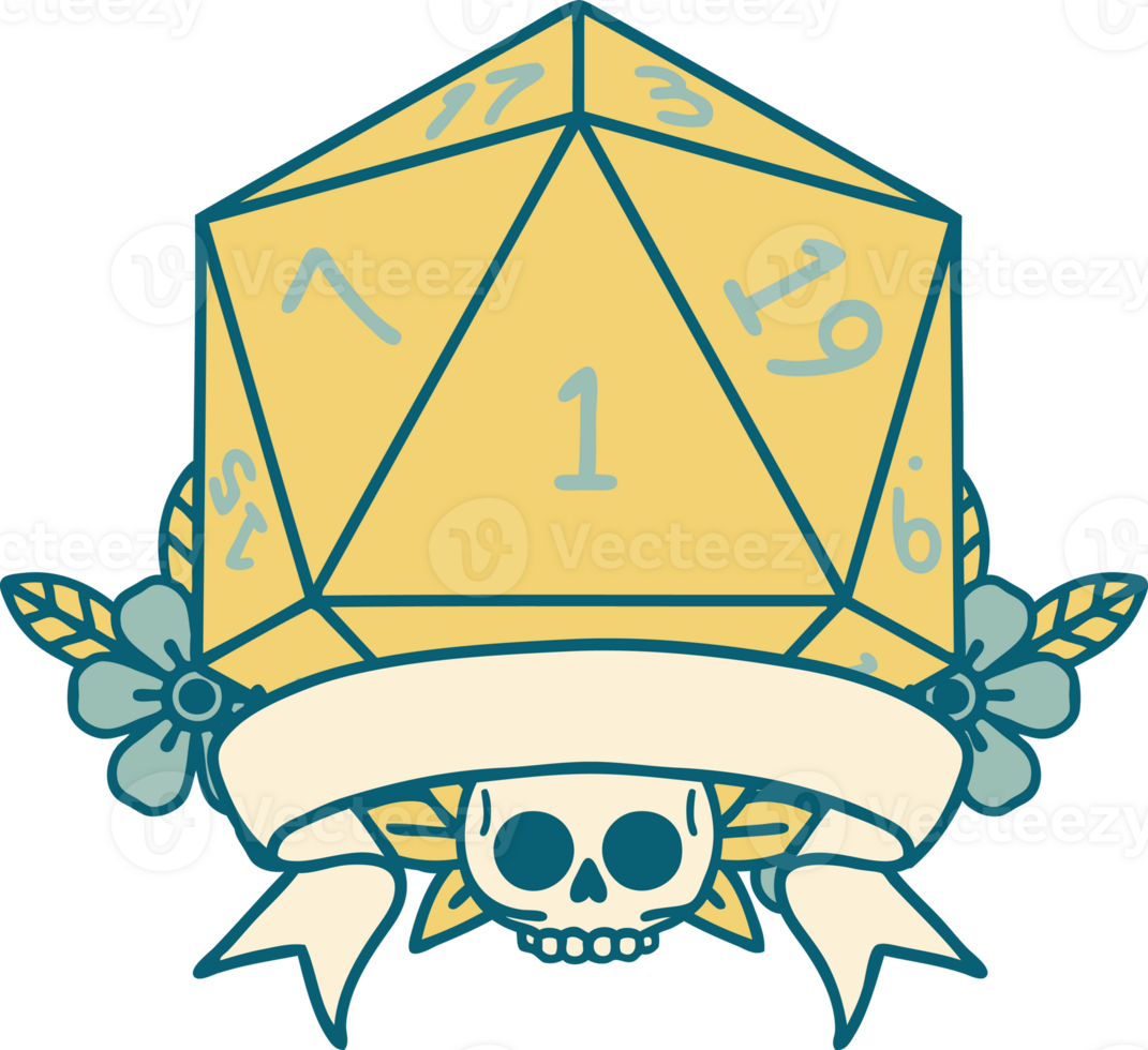 Retro Tattoo Style natural one d20 dice roll png