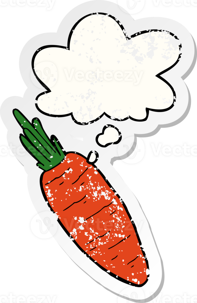 cartoon carrot with thought bubble as a distressed worn sticker png
