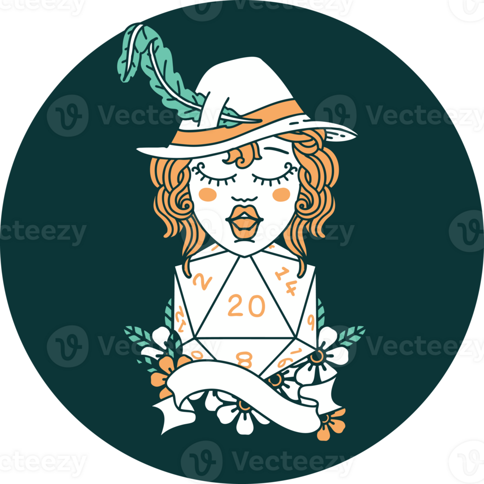 icon of human bard with natural twenty dice roll png