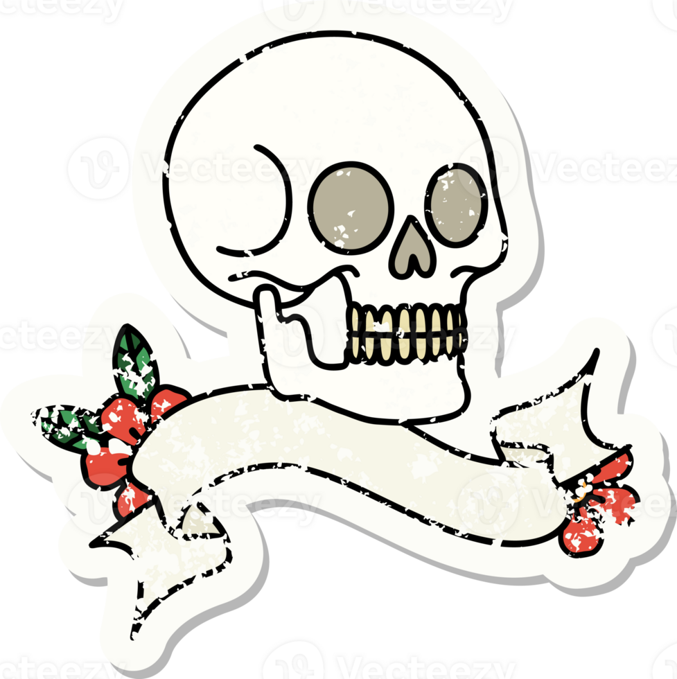 worn old sticker with banner of a skull png
