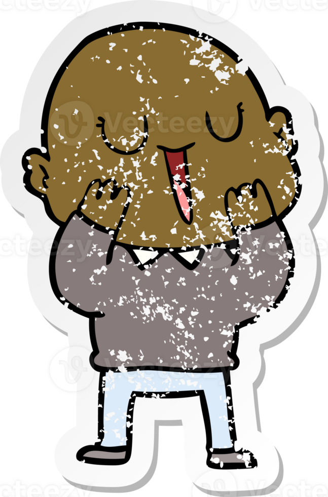 distressed sticker of a happy cartoon bald man png
