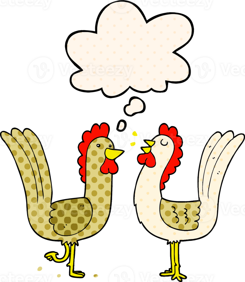 cartoon chickens with thought bubble in comic book style png