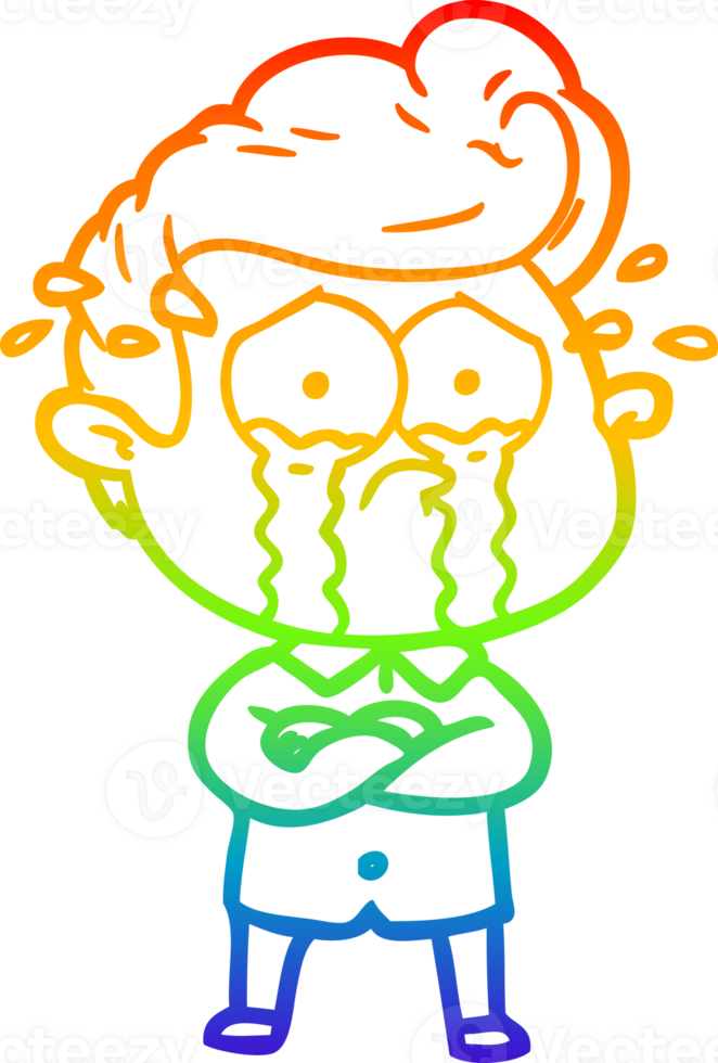 rainbow gradient line drawing of a cartoon crying man with crossed arms png