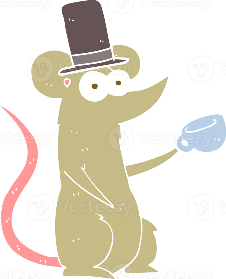 flat color illustration of mouse with cup and top hat png