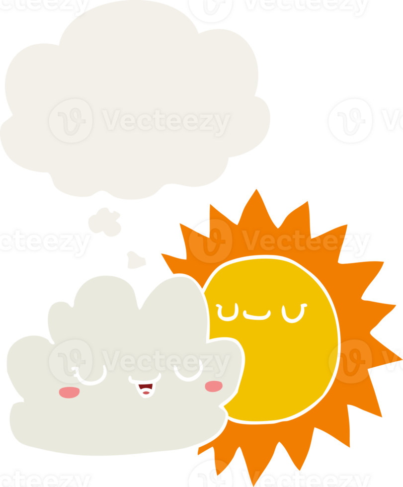 cartoon sun and cloud with thought bubble in retro style png