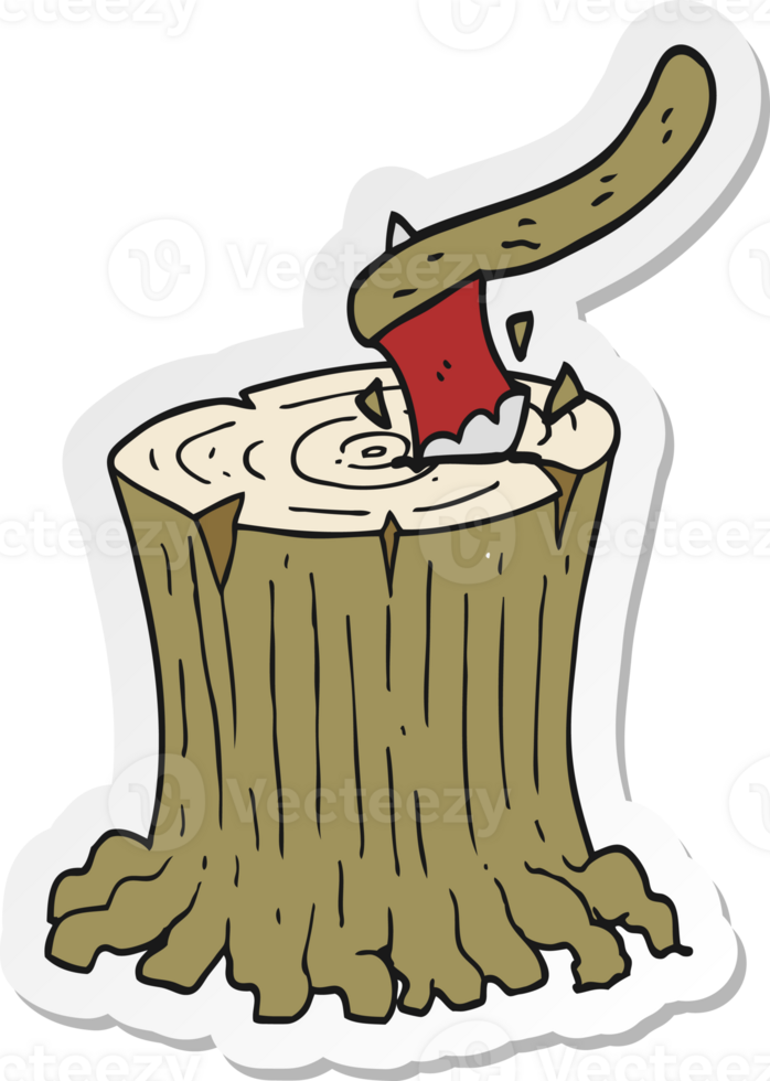 sticker of a cartoon axe in tree stump png