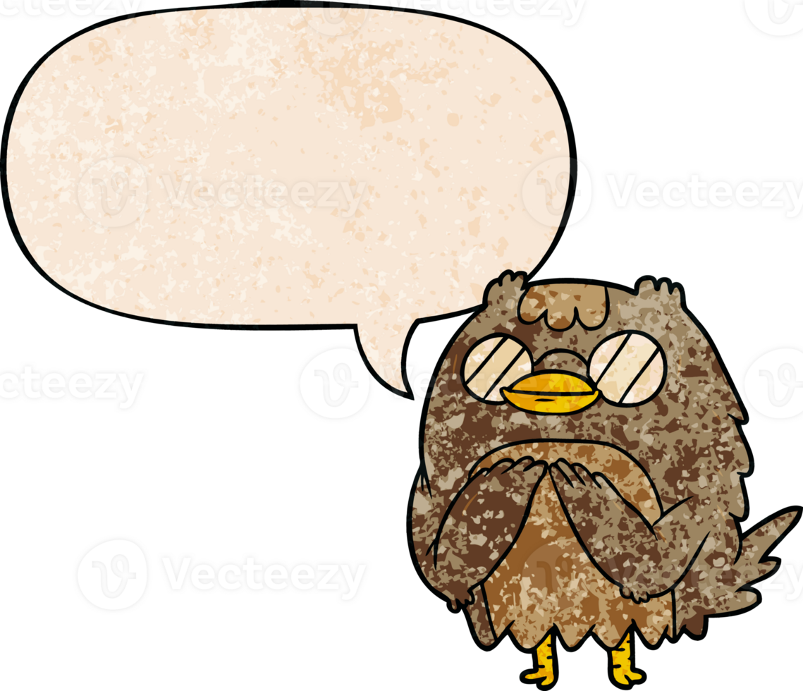 cute cartoon wise old owl with speech bubble in retro texture style png