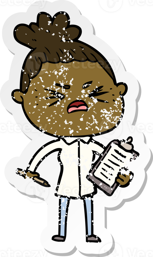 distressed sticker of a cartoon angry woman png