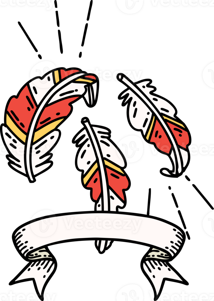 scroll banner with tattoo style feathers floating png