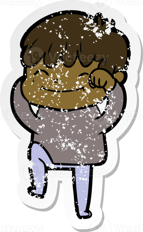 distressed sticker of a cartoon happy boy png