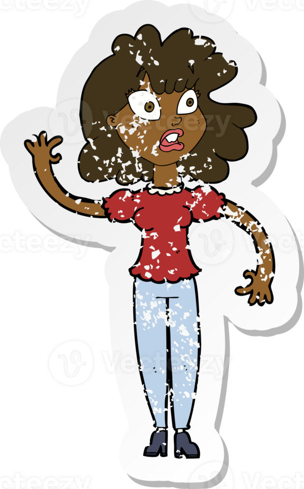 retro distressed sticker of a cartoon worried woman waving png