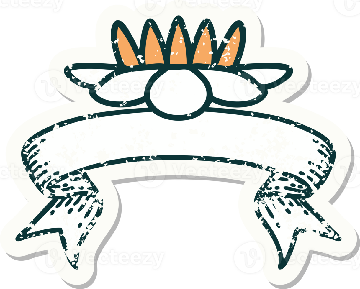 worn old sticker with banner of a lily pad flower png