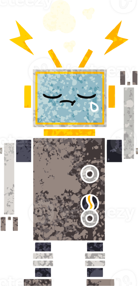 retro illustration style cartoon of a crying robot png