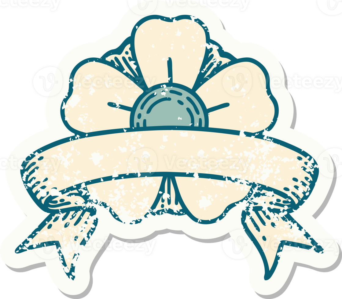 worn old sticker with banner of a flower png