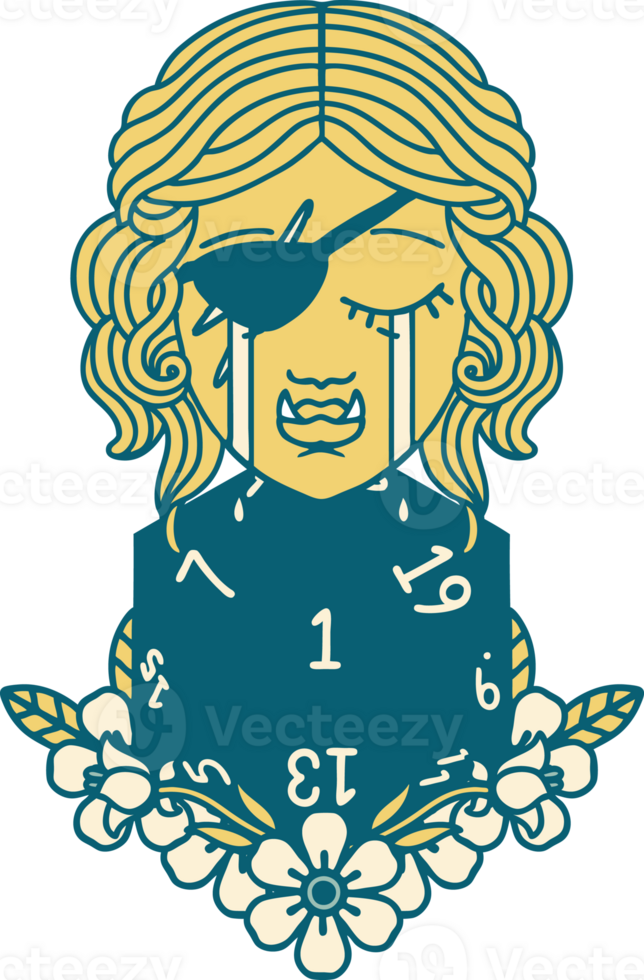 Retro Tattoo Style crying half orc rogue character with natural one D20 roll png