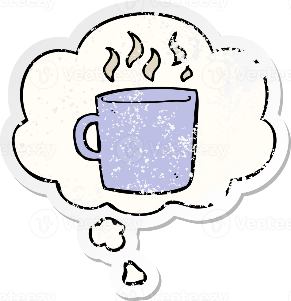 cartoon hot cup of coffee with thought bubble as a distressed worn sticker png