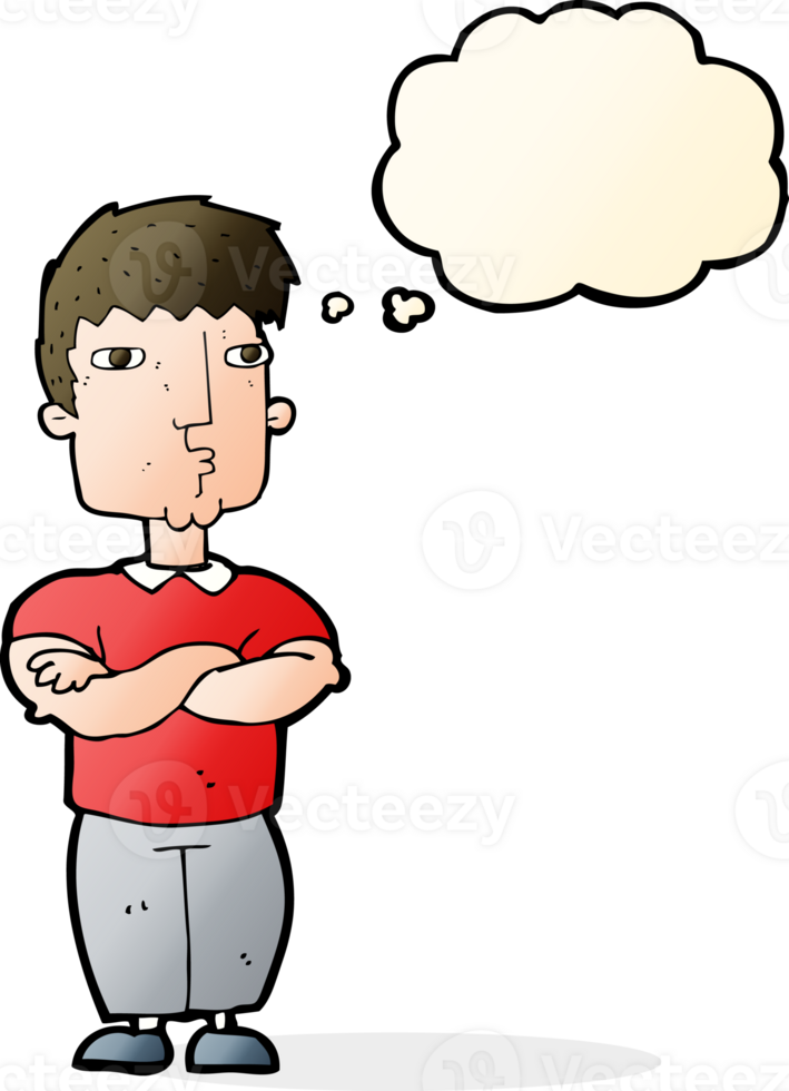 cartoon man with crossed arms with thought bubble png