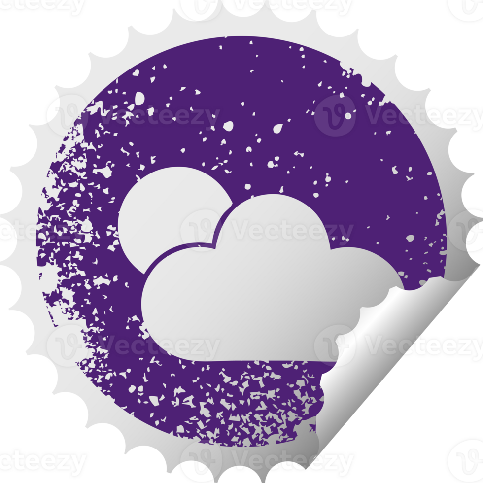 distressed circular peeling sticker symbol of a sunshine and cloud png