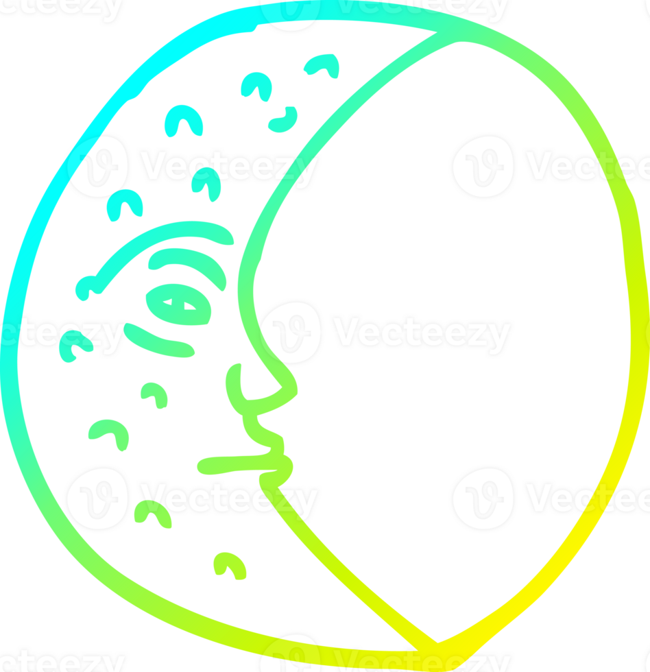 cold gradient line drawing of a cartoon crescent moon with face png