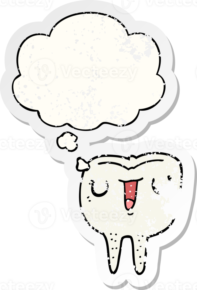 cartoon happy tooth with thought bubble as a distressed worn sticker png