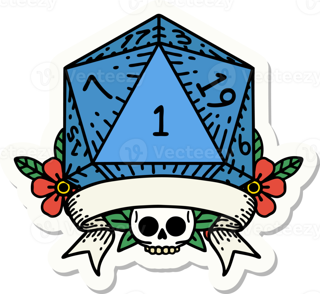 sticker of a natural one d20 dice roll png