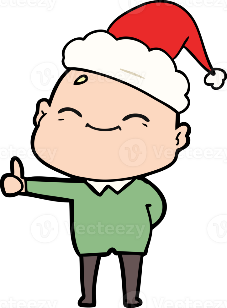 happy hand drawn line drawing of a bald man wearing santa hat png