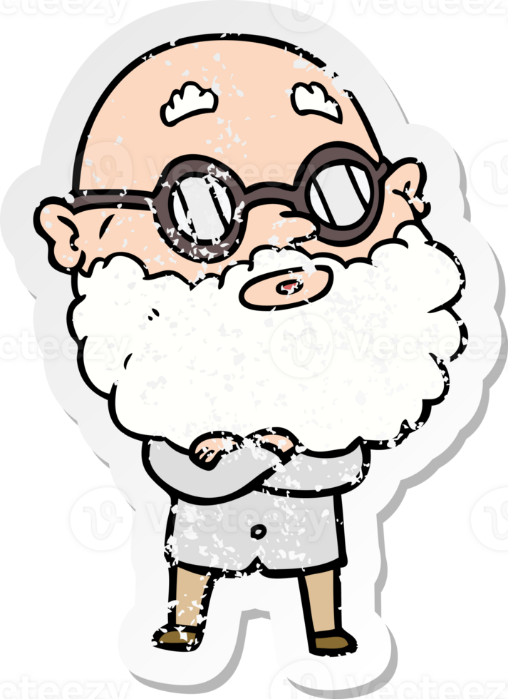 distressed sticker of a cartoon curious man with beard and glasses png