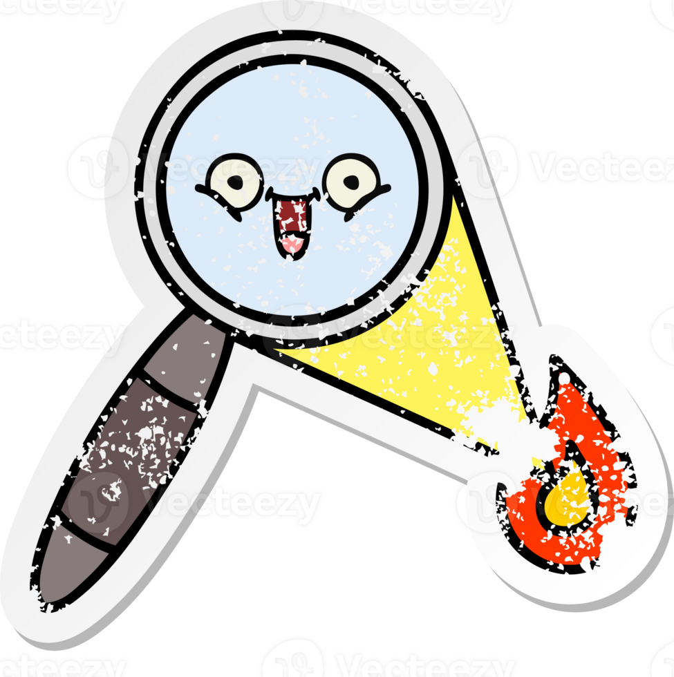 distressed sticker of a cute cartoon magnifying glass png