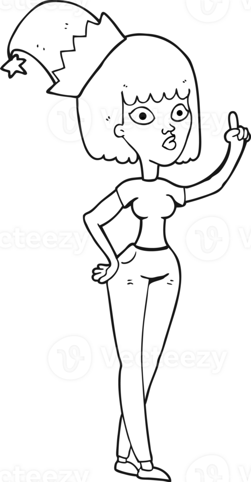 hand drawn black and white cartoon woman wearing christmas hat png