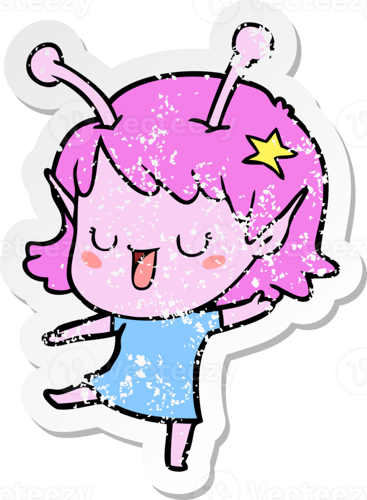 distressed sticker of a happy alien girl cartoon png