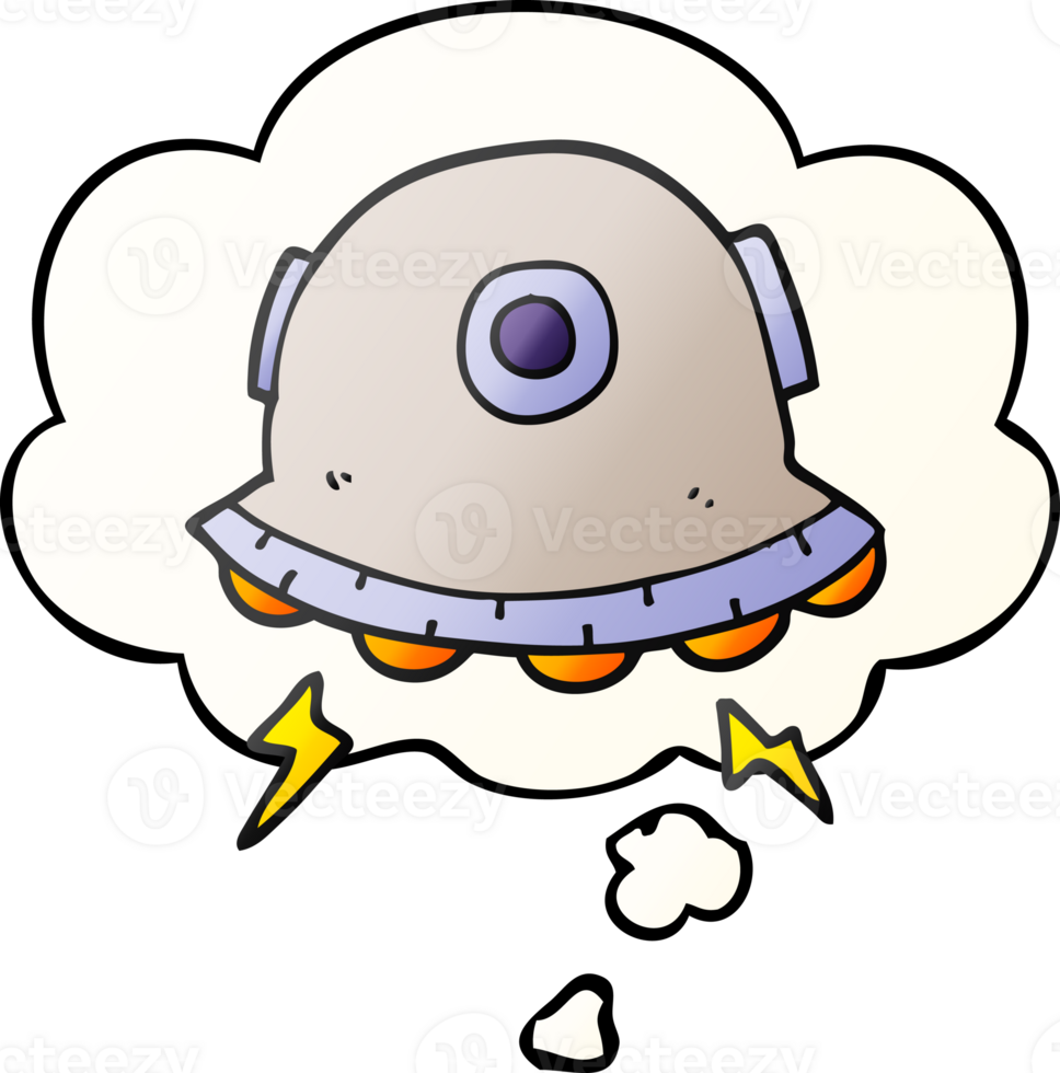 cartoon UFO with thought bubble in smooth gradient style png
