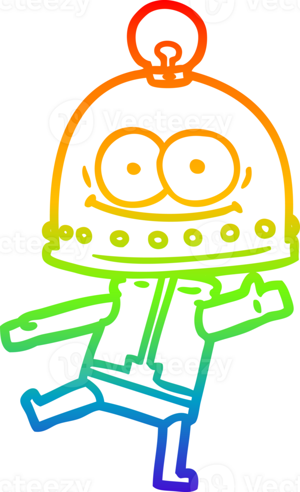 rainbow gradient line drawing of a happy carton robot with light bulb png