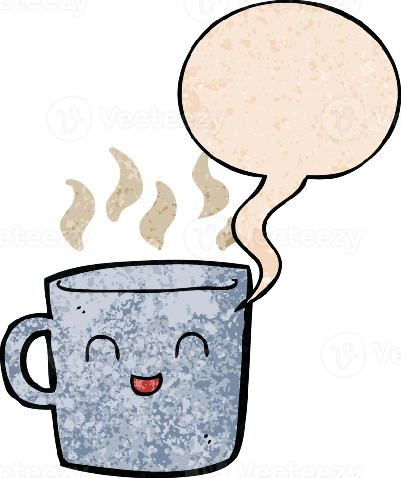 cute coffee cup cartoon with speech bubble in retro texture style png