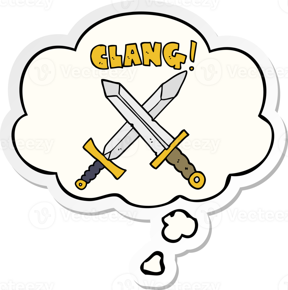 cartoon sword fight with thought bubble as a printed sticker png