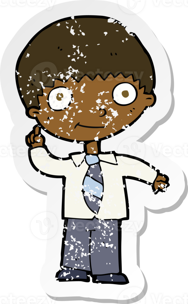retro distressed sticker of a cartoon school boy with idea png