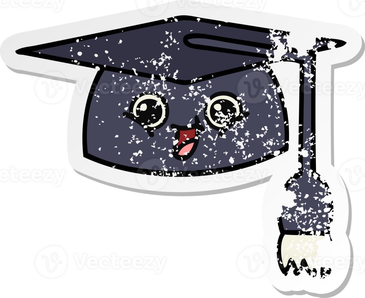 distressed sticker of a cute cartoon graduation hat png