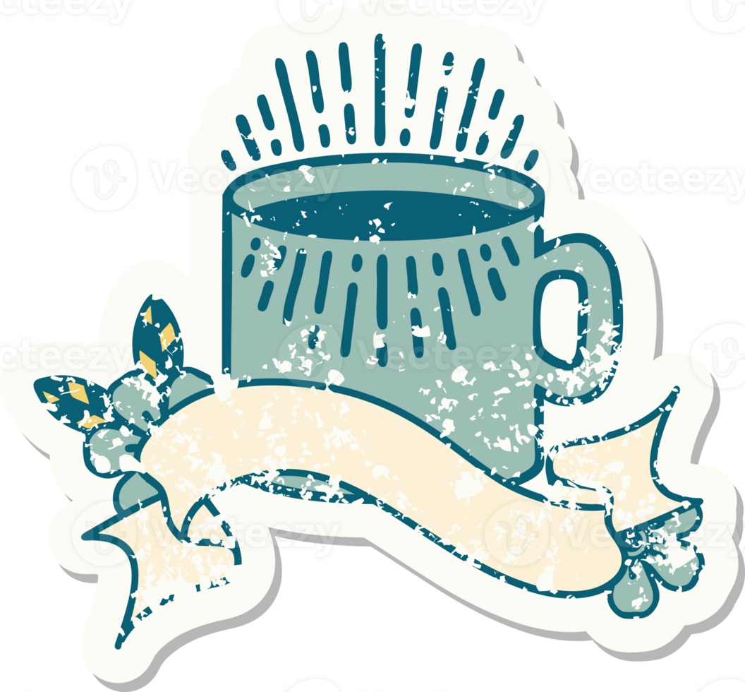worn old sticker with banner of cup of coffee png